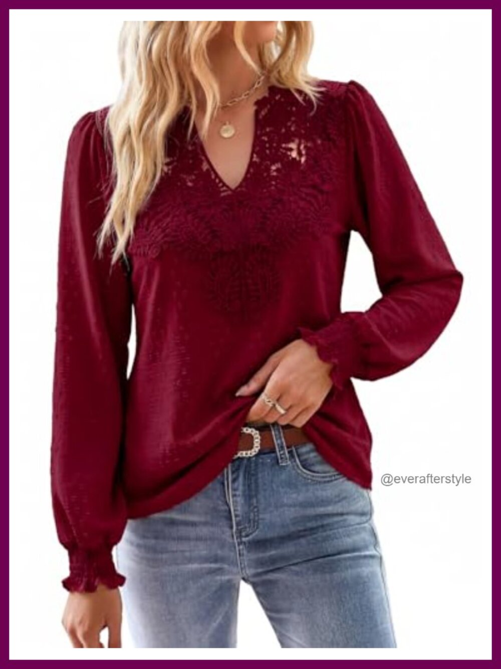 Womens Swiss Dot Lace Blouse V Neck Long Sleeve Flowy Boho Top